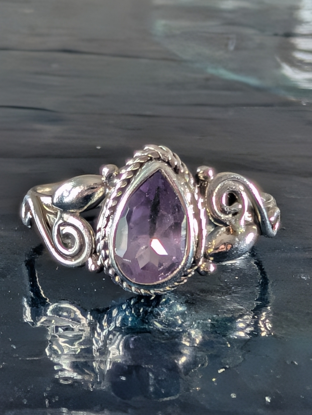 ๐ Sterling Silver Ring with Purple Amethyst Teardrop Gemstone Size 7